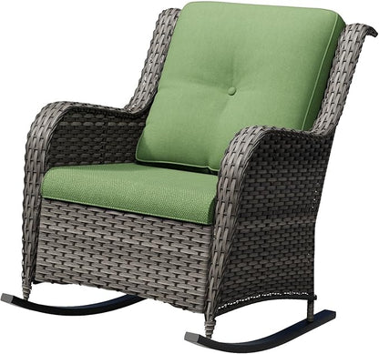 Outdoor Rocking Chair, Wicker Patio Chair with Thickened Olefin Cushions, High Back and Deep Seating, Hand-Woven PE Rattan for Porch, Deck, Balcony, Green