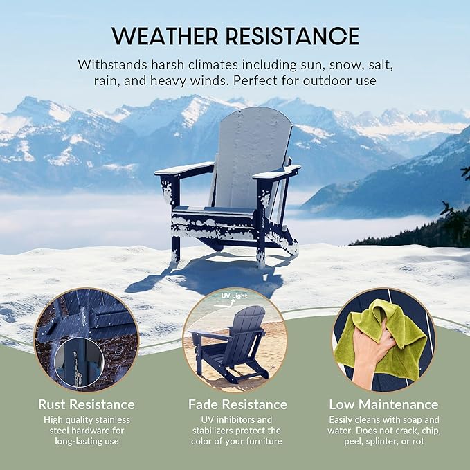 WestinTrends Malibu 2-Pieces Adirondack Chair Set with Side Table, All Weather Outdoor Seating Plastic Patio Lawn Chair Folding for Outside Porch Deck Backyard, Navy Blue