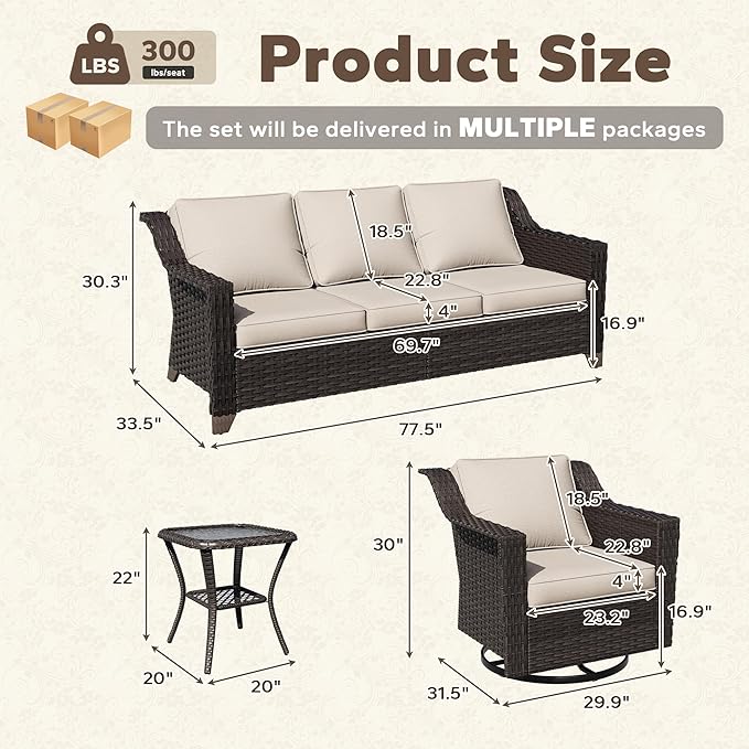 4 Pieces Patio Conversation Furniture Set - 1 Sofa, 2 Swivel Chairs, 1 Side Table - Photo 2
