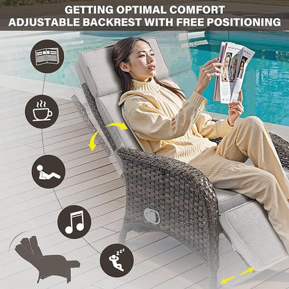 Belord Versatile Outdoor Recliner Chair - Reclining Patio Chair Set of 2 with Adjustable Backrest and Footrest, All-Weather Wicker Chaise Lounge Chair Outdoor for Pool Deck Brown