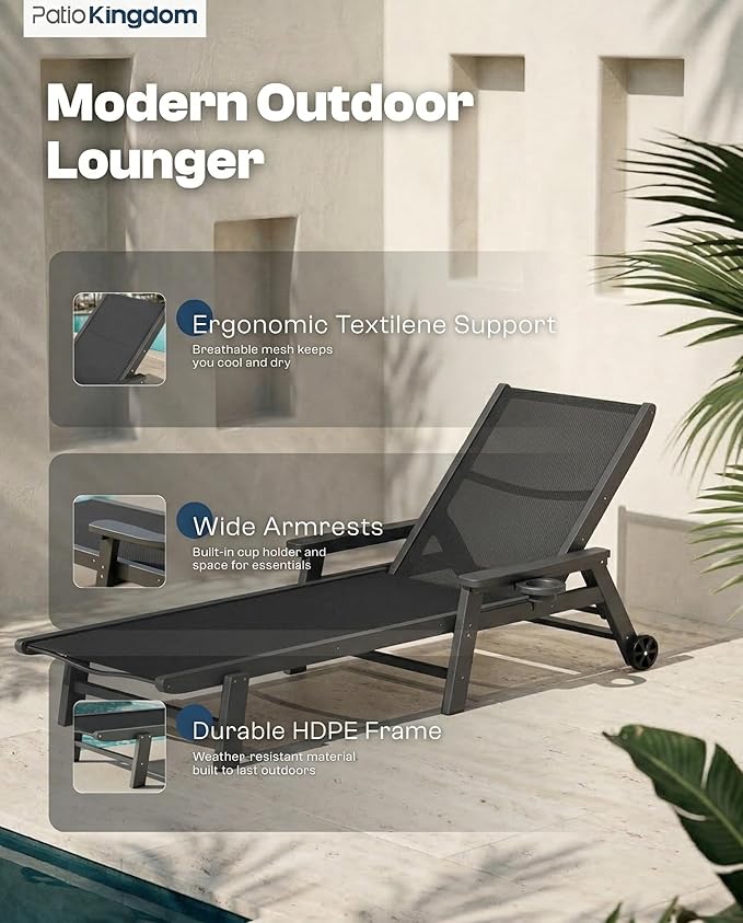 Patio Chaise Lounge Chair with Wheels & Cup Holder - Photo 9