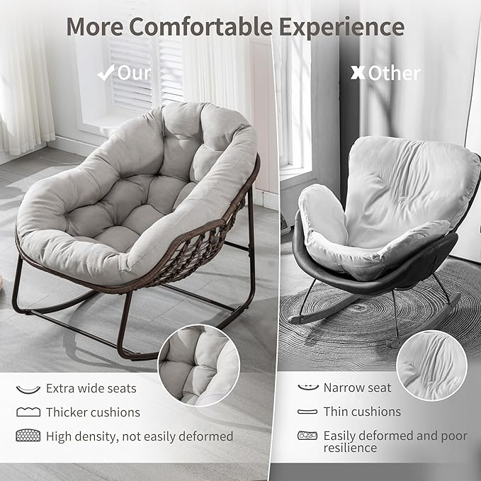HOMEFUN Outdoor Patio Rocking Chairs, Oversized Papasan Rock Chair Indoor with Padded Cushion - Rocker Egg for Front Porch, Garden, Backyard Beige