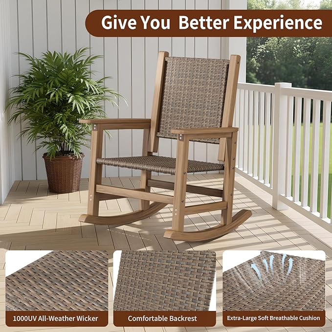 HDPE Outdoor Rocking Chair Set of 2, Wicker Rocking Chair for Adult, All Weather Rocking Chair Outdoor for Porch, Garden, Lawn, and Balcony (Brown)