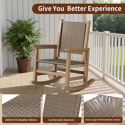 HDPE Outdoor Rocking Chair Set of 2, Wicker Rocking Chair for Adult, All Weather Rocking Chair Outdoor for Porch, Garden, Lawn, and Balcony (Brown)