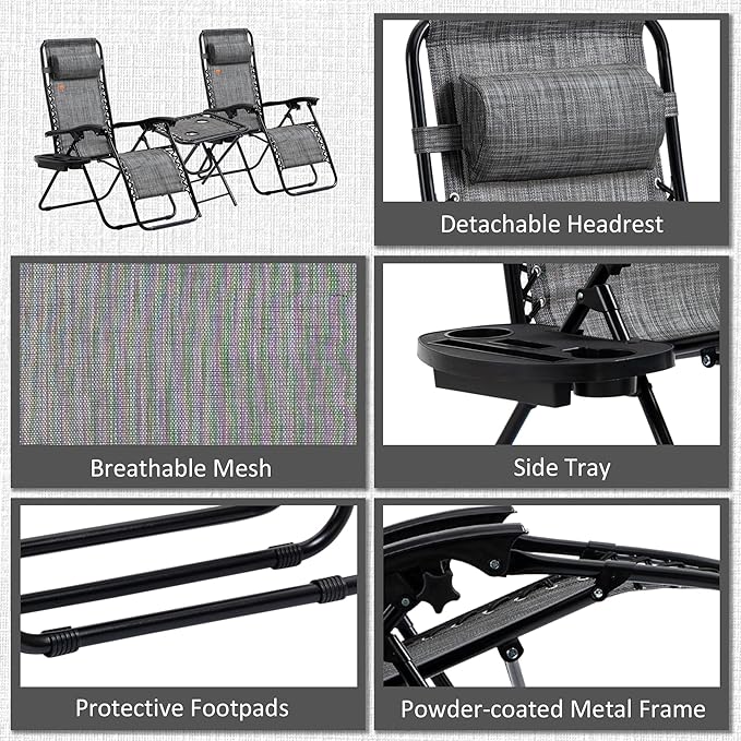 Outsunny Zero Gravity Chair Set with Side Table, Folding Reclining Chair with Cupholders & Pillows, Adjustable Lounge Chairs for Pool, Backyard, Lawn, Beach, Gray