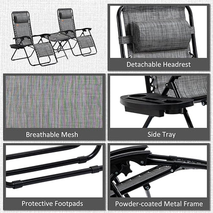 Outsunny Zero Gravity Chair Set with Side Table, Folding Reclining Chair with Cupholders & Pillows, Adjustable Lounge Chairs for Pool, Backyard, Lawn, Beach, Gray