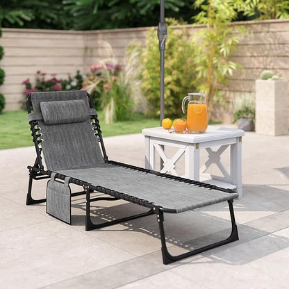 Outsunny Folding Chaise Lounge Chair, Patio Sun Tanning Chair, Outdoor Chaise Lounger with 5-Position Reclining Back, Breathable Mesh Seat for Beach, Poolside, Yard, Gray