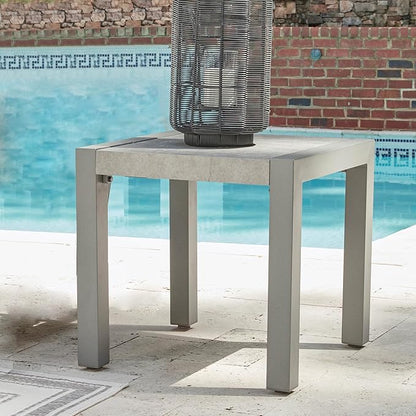Signature Design by Ashley Moonlight View Contemporary Weather Resistant Outdoor End Table with Sintered Stone Top, Light Gray