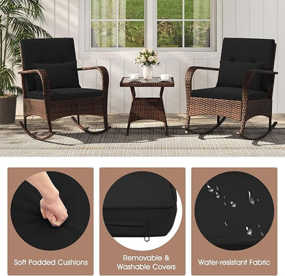 ORALNER 3 Pieces Patio Furniture Set, Outdoor Wicker Rocking Chairs with Cushions, Pillows, Glass Coffee Table, Rattan Bistro Rocker Set for Balcony Front Porch Poolside Garden Deck Yard (Black)