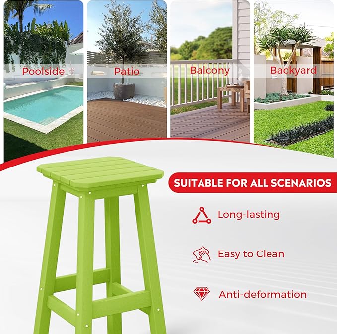 Costaelm 29" Height Outdoor Bar Stools, All-Weather Bar Stools, Adirondack Poly Patio Square Bar Stool for Patio, Deck, Kitchen Counter and Garden, Lime
