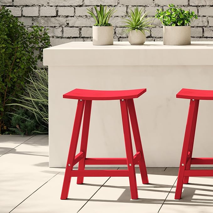 WestinTrends Malibu 24 Inch Outdoor Bar Stools, All Weather Resistant Poly Lumber Adirondack Counter Height Stools, Red