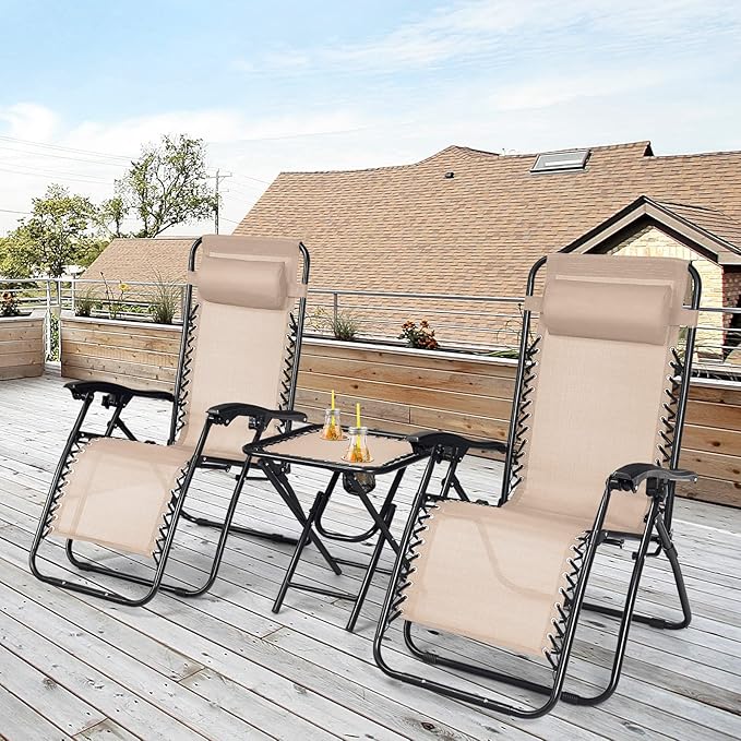 Goplus Zero Gravity Chair Set, 3 Pieces Outdoor Lounge Chair Recliners w/Side Table, Headrest and Cup Holders - Photo 3