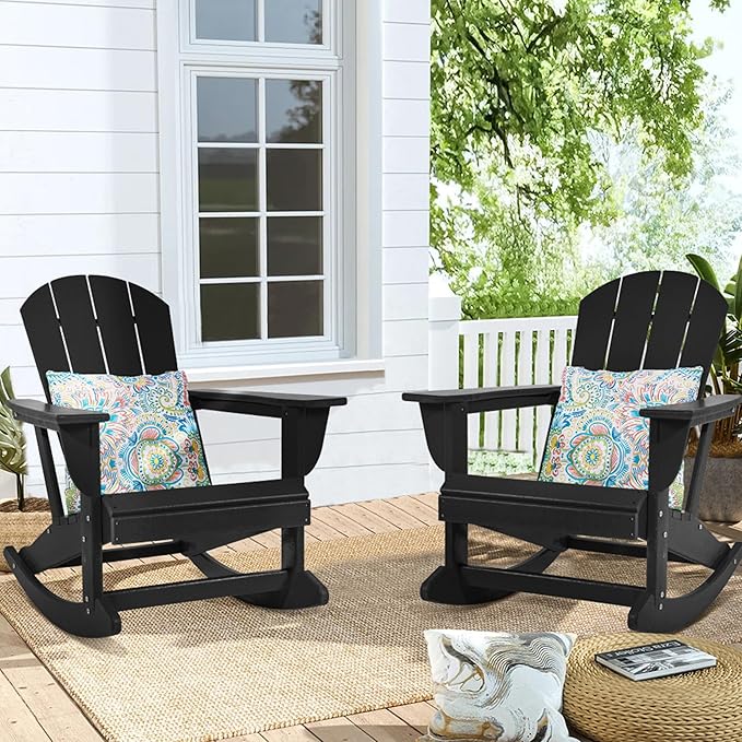 Sundale Outdoor Rocking Chair with Pillow, Patio Plastic All Weather Adirondack Rocker for Proch, Water Resistant for Outside, Garden, Pool, Yard, Black