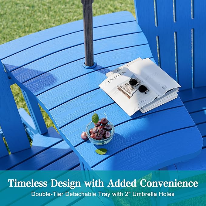 JY QAQA Outdoor Adirondack Chair Set of 2, All-Weather HDPE Patio Furniture with Detachable Table, Wood Texture & Cup Holder for Patio, Poolside, Garden, Blue