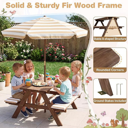 Costzon Kids Picnic Table, Wooden Toddler Outdoor Table & Bench Set with Removable Umbrella & Cushions, Stripe Fabric, Kids Outdoor Furniture for Patio Backyard Garden, Fits 4 Children Age 3+ (Coffee)
