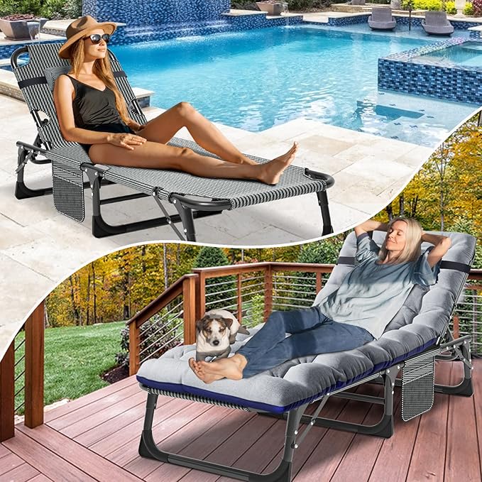 ABORON 3-in-1 Folding Patio Lounge Chair, 440LB Heavy-Duty Tri-Fold Guest Bed with Plush Cotton Cushion, No Assembly Adjustable Recliner for Office Nap, Patio Sunbathing, Poolside & Camping