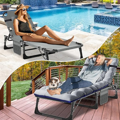 ABORON 3-in-1 Folding Patio Lounge Chair, 440LB Heavy-Duty Tri-Fold Guest Bed with Plush Cotton Cushion, No Assembly Adjustable Recliner for Office Nap, Patio Sunbathing, Poolside & Camping
