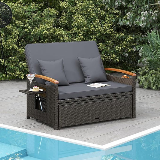 LDAILY Moccha Outdoor Wicker Daybed, Patio Rattan Loveseat Sofa w/ 4-Level Adjustable Backrest, Folding Panels, Storage Ottoman & Cushions, Lounge Furniture Set for Poolside Backyard Porch (Grey)