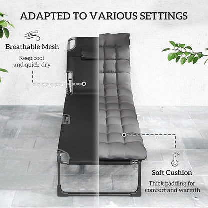 Outsunny Chaise Lounge Chair Outdoor, 5-Position Reclining Pool Lounge Chair with Cushion, Side Pocket, Headrest, Folding Lounger Tanning Chair Camping Cot for Patio, Beach, Dark Gray