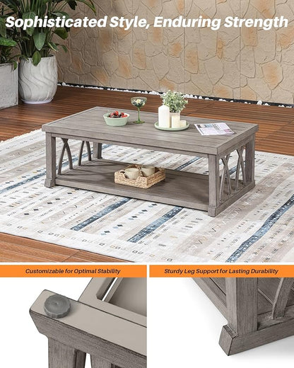 Aluminum Outdoor Coffee Table, 46" Rectangular Patio Coffee Table with Double Storage, Waterproof Aluminum Patio Furniture Tables with Adjustable Feet for Garden, Deck, Porch, Limed Oak