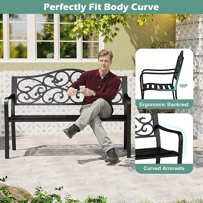 Tangkula 50 Inches Outdoor Garden Park Bench, Cast Iron Metal Patio Bench with Floral Design Backrest, Armrests and Slatted Seat, Outdoor Loveseat Chair for Porch, Lawn and Yard, Black