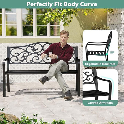 Tangkula 50 Inches Outdoor Garden Park Bench, Cast Iron Metal Patio Bench with Floral Design Backrest, Armrests and Slatted Seat, Outdoor Loveseat Chair for Porch, Lawn and Yard, Black