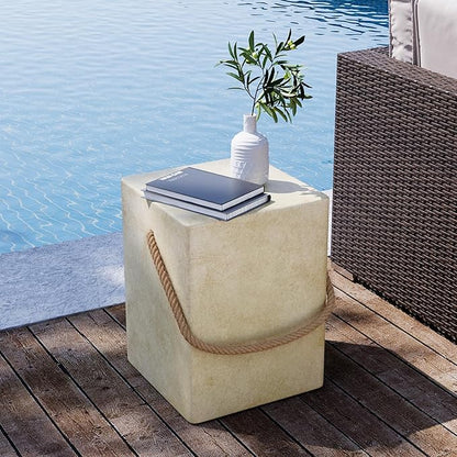 SUNBURY Outdoor Side Table, Concrete Side Table for Patio,18" H Small End Table w Hemp Rope, Indoor & Patio Accent Table Coffee Table Warm Gray, Stone Side Table Garden Plant Stands