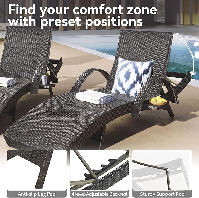 Yayzy Set of 4 Outdoor Rattan Chaise Lounge Chairs, 80” Adjustable Recliners with Armrests, Weather-Resistant PE Wicker Sun Loungers for Poolside, Patio, or Backyard – Dark Brown