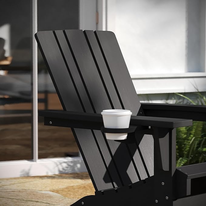 Taylor & Logan Hedley Adirondack Chair with Cup Holder, Weather Resistant HDPE Adirondack Chair in Black