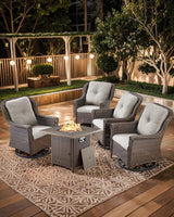 Outdoor Patio Swivel Gliders with Fire Pit Table 5 Piece Set - High Back Brown Wicker Rattan Rocking Chair with Thick - Photo 6