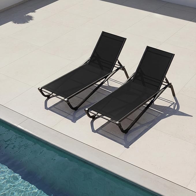 Lounge Chair Set of 2, Aluminum Chaise Lounge Outdoor, Lightweight Lounge Chairs for Outside with 5 Adjustable Backrest, Pool Lounger for Poolside, Beach, Balcony, Deck (Black)