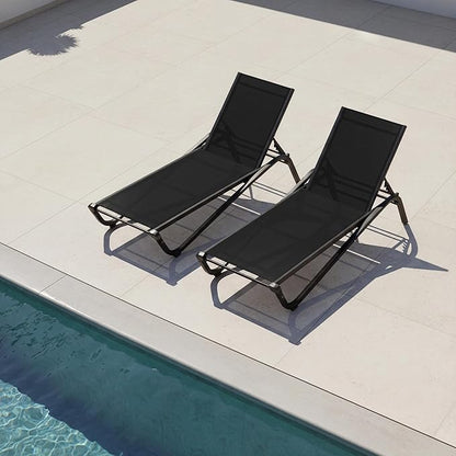 Lounge Chair Set of 2, Aluminum Chaise Lounge Outdoor, Lightweight Lounge Chairs for Outside with 5 Adjustable Backrest, Pool Lounger for Poolside, Beach, Balcony, Deck (Black)