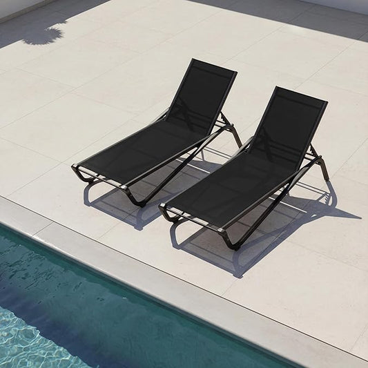 Lounge Chair Set of 2, Aluminum Chaise Lounge Outdoor, Lightweight Lounge Chairs for Outside with 5 Adjustable Backrest, Pool Lounger for Poolside, Beach, Balcony, Deck (Black)