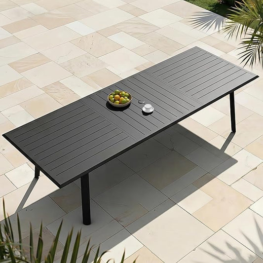 118" Aluminum Patio Dining Table with Umbrella Hole, Rectangle All-Weather Outdoor Table for 10 Slatted Design for Lawn, Backyard, Garden, Black