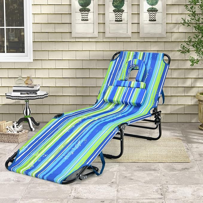 Giantex Tanning Chair, Folding Beach Chair, Adjustable Patio Lounge Chair with Face Hole, Removable Pillows, Carry Strap, Layout Chair, Set of 2 Outdoor Chaise Lounger for Poolside Yard Lawn