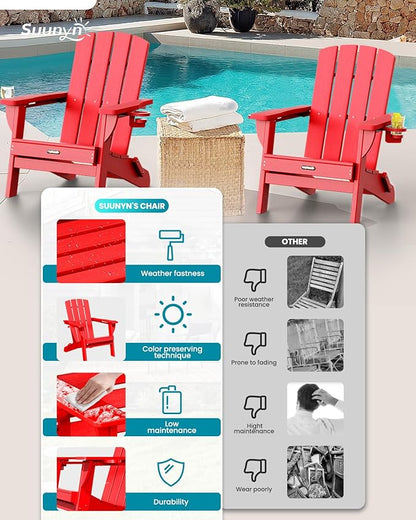 Folding Adirondack Chair 4 Pack, HDPE All-Weather Fire Pit Chairs, Plastic Adirondack Chairs with 2 Cup Holder, Outdoor Lawn Chair for Patio Garden (Red)