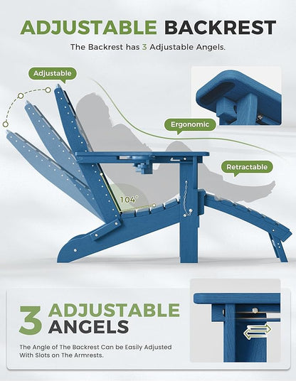 Ciokea Folding Adirondack Chair with Retractable Ottoman Fire Pit Patio Chair with Pull Out Foot Rest Weather Resistant Lawn Outdoor Lounge Chair with 2 Cup Holder (Navy Blue)