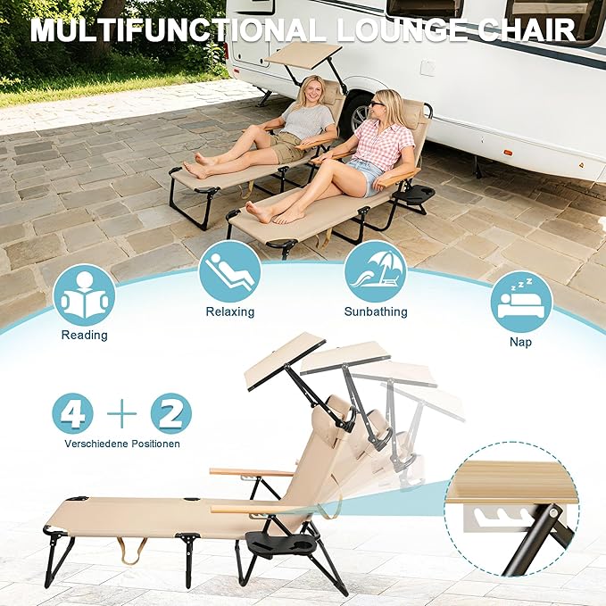 Outdoor Chaise Lounge Chair with 4-Position Adjustable Backrest,Patio Folding Sun Tanning Chair,Pillow & Cup Holder,Portable Recliner Sunbathing Lounger Chairs for Beach Garden (Beige with Shade)