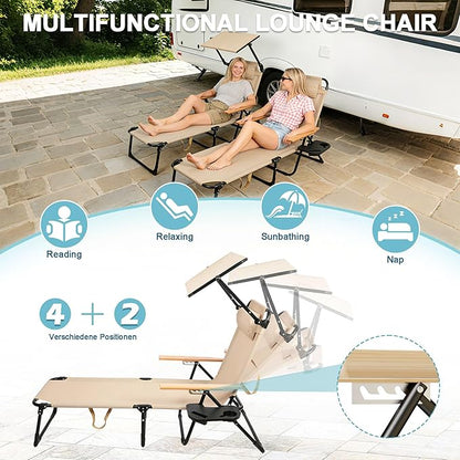 Outdoor Chaise Lounge Chair with 4-Position Adjustable Backrest,Patio Folding Sun Tanning Chair,Pillow & Cup Holder,Portable Recliner Sunbathing Lounger Chairs for Beach Garden (Beige with Shade)