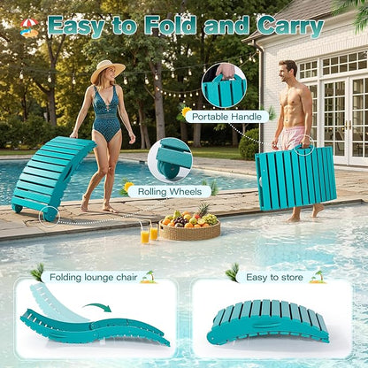 nalone Folding Pool Lounge Chair, HDPE Outdoor Pool Chaise Lounge with Pillow, Pre-Assembled Tanning Chairs with Wheels for Pool Beach Patio (1, Aruba)