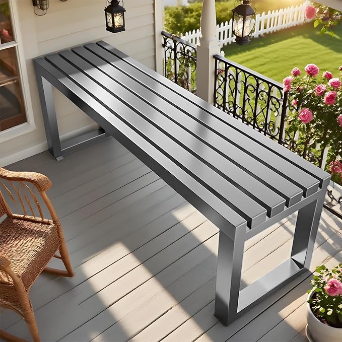 Metal Bench for Outdoor, Garden Seat 2-Person Patio Bench Weatherproof Backyard Seat Backless Entryway Chair Easy Installation 3.3ft 3.9ft 4.9ft 5.9ft(Gray,3.3ft)