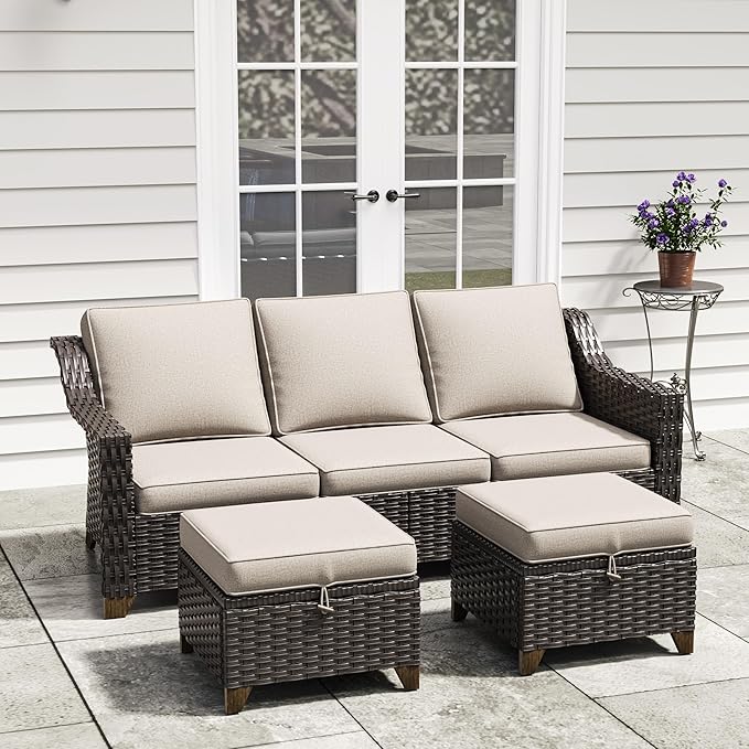 3 Pieces Outdoor Conversation Furniture Set - 77" Patio Sofa, 2 Rattan Wicker Ottomans - Photo 6