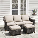 3 Pieces Outdoor Conversation Furniture Set - 77" Patio Sofa, 2 Rattan Wicker Ottomans - Photo 6