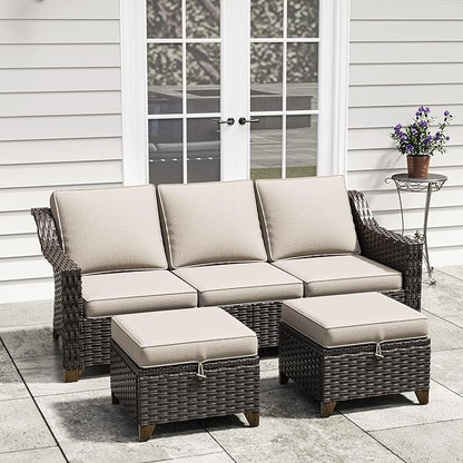3 Pieces Outdoor Conversation Furniture Set - 77" Patio Sofa, 2 Rattan Wicker Ottomans, Patio Wicker Couch Set with Water-Resistant and Washable Cushions for Sunroom, Deck, Porch (Beige)