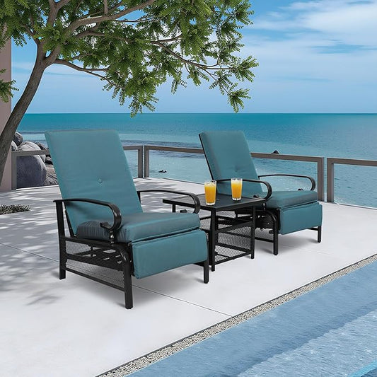 Incbruce 3 Pieces Outdoor Lounge Recliner Set, 2 Adjustable Metal Recliner Sofa Chair and Umbrella Stand Side Square Table Suitable for Garden, Pool, Yard (Peacock Blue)