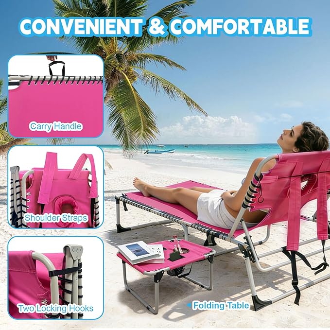 Backpack Sun Tanning Chair with Face Hole & Beach Table, 5-Position Adjustable Folding Lounge Chair Outdoor for Lawn Patio Garden