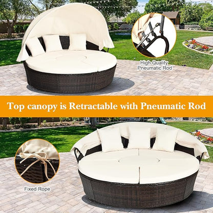 RELAX4LIFE Round Outdoor Daybed with Canopy, Rattan Wicker Sectional Sofa Set w/Cushions, Height Adjustable Table, Conversation Bed Lounger Separated Seating for Outside Pool, Patio Daybed (Off White)