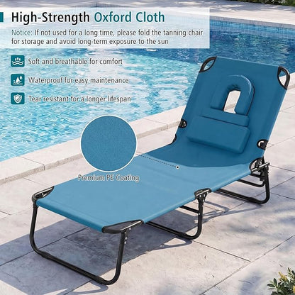 GYMAX Tanning Chair, Folding Lounge Chairs with Face Hole & Cover, Removable Pillow Carry Handle, Portable Compact Outdoor Layout Recliner for Beach, Poolside, Lawn, Patio, Camping (Blue,2)