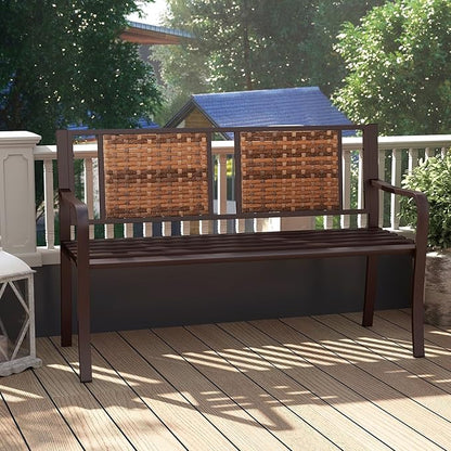 Giantex Outdoor Bench with PE Rattan Backrest, Curved Armrests, Slatted Seat for 2-3 Persons, Heavy-Duty Outdoor Seating Furniture, Garden Bench for Patio, Backyard, Poolside, Porch, Park, Brown