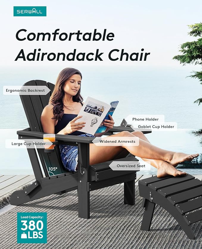 SERWALL HDPE Folding Adirondack Chair with Dual Cup Holder - Composite Adirondack Chair Set of 4- Black - Photo 3